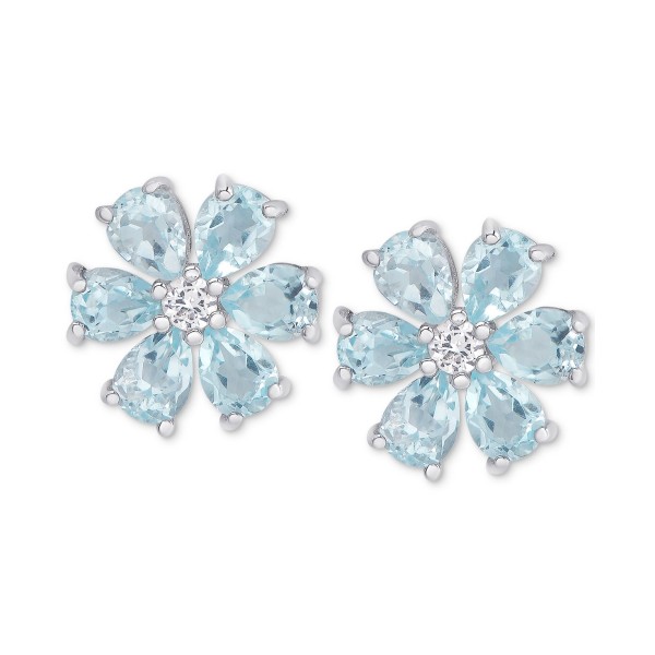 Blue Topaz (2-3/8 ct. t.w.) & White Topaz Accent Flower Stud Earrings in Sterling Silver