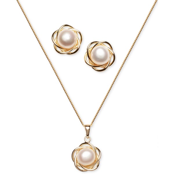 2-Pc. Set Cultured Freshwater Pearl (7mm) Flower Pendant Necklace & Matching Stud Earrings in 18k Gold-Plated Sterling Silver or Sterling Silver