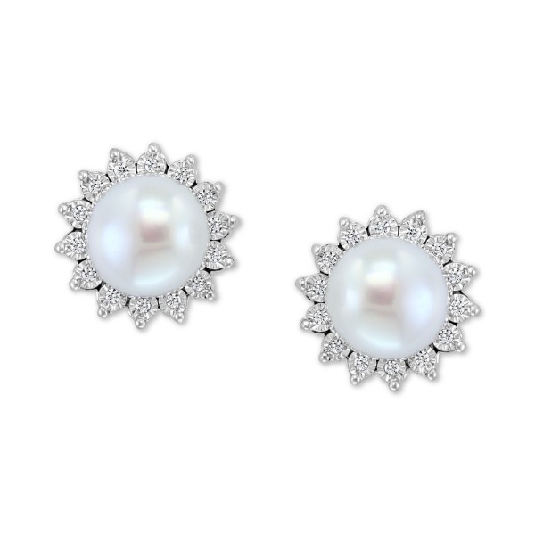 Cultured Freshwater Pearl (7mm) & Diamond (1/10 ct. ) Stud Earrings in Sterling Silver