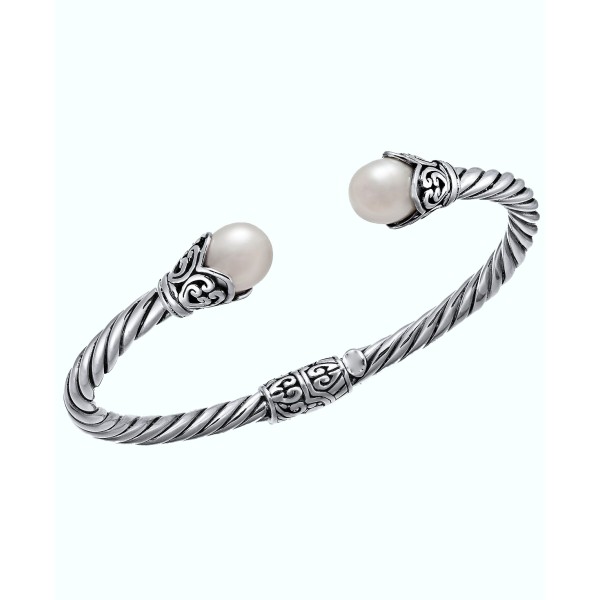 Cultured Freshwater Pearl (8mm) Filigree Bangle Bracelet in Sterling Silver