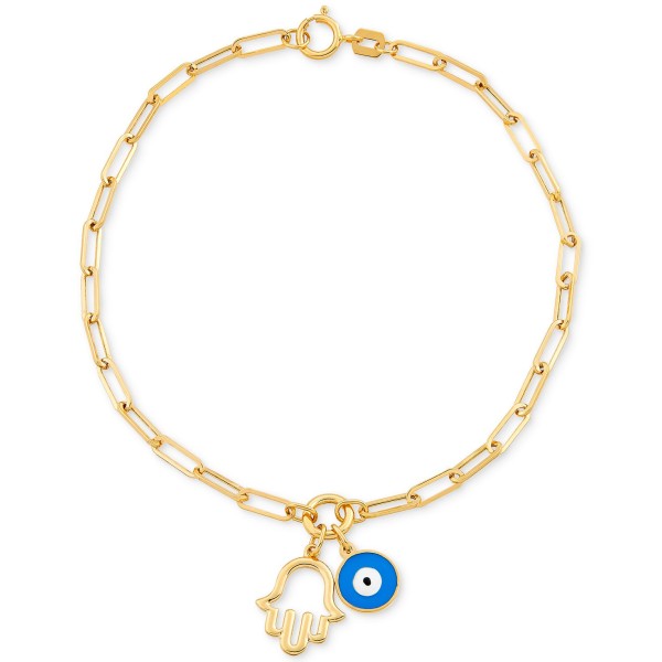 Hamsa Hand & Glass Evil Eye Charm Bracelet in 10k ...