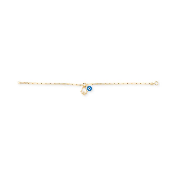 Hamsa Hand & Glass Evil Eye Charm Bracelet in 10k Gold