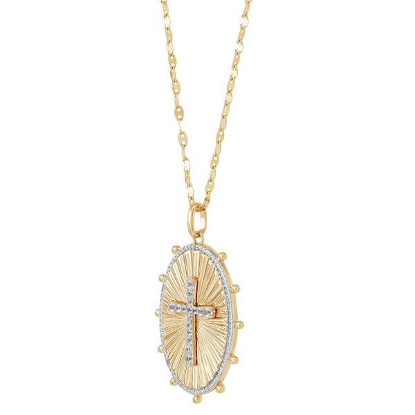 Lab-Created White Sapphire (1/4 ct. t.w.) & Diamond Accent Cross Oval Pendant Necklace in 14k Gold-Plated Sterling Silver  16