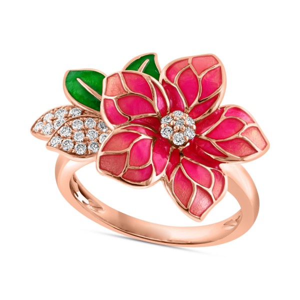 Pink & Green Enamel & Diamond Flower Ring ...