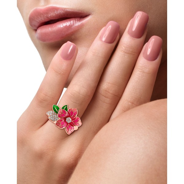 Pink & Green Enamel & Diamond Flower Ring ...