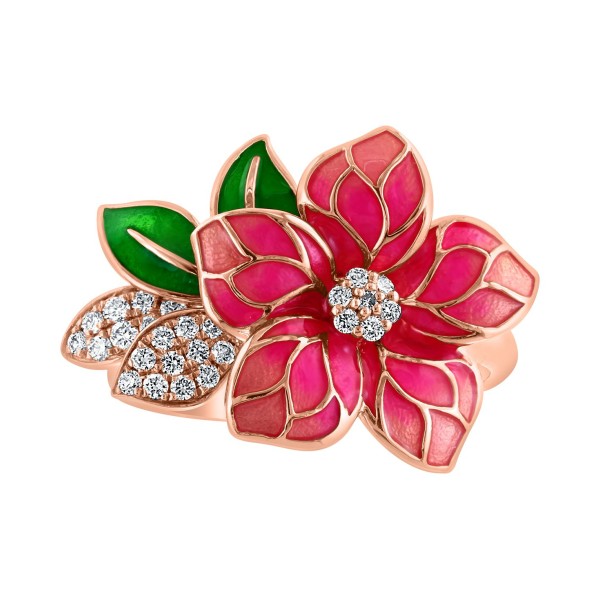 Pink & Green Enamel & Diamond Flower Ring (1/5 ct. ) in 14k Rose Gold