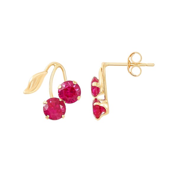 Created Ruby (1-1/3 ct. ) Button Cherry Leaf Earrings in 10k Yellow Gold